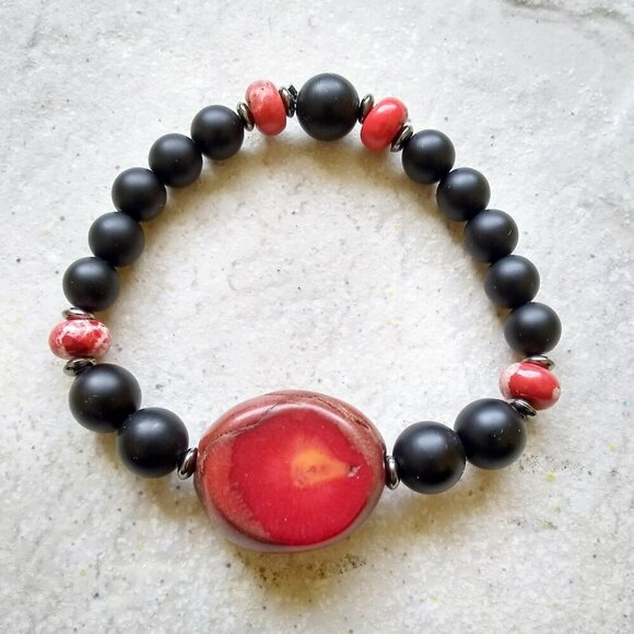 Chunky & Heavy! Genuine Red Sea Coral & Black Stone Beaded Bracelet 6.5-7" Wrist - Picture 2 of 8